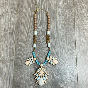 Signed NY Bohemian Statement Necklace Champagne Blue Rhinestone Beads Gold Tone